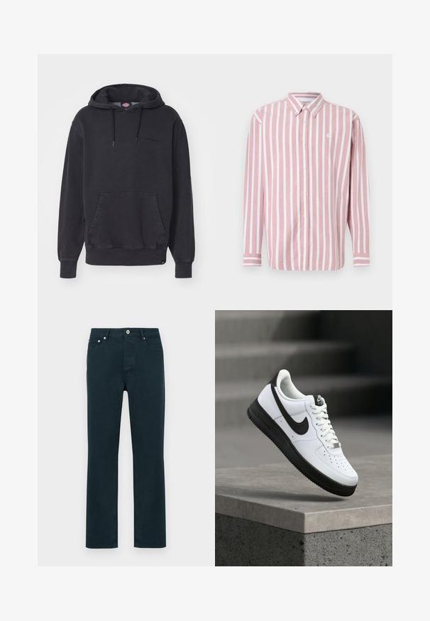 Sort hættetrøje lavet af bomuldsblandet stof, med en frontlomme i kangaroo-stil og ribbede manchetter og kant. Subtilt logo på brystet.; Stribet skjorte med knapper i pink og hvid. Har krave, lange ærmer og et lille logo. Fremstillet af vævet stof.; Mørk teal lige bukser med en glat tekstur, fem lommer og sølvhardware. Klassisk design med en mellemhøj talje.; Hvid lædersneaker med sorte detaljer, rundet tå og perforerede detaljer. Sort gummisål med tekstureret mønster og snørelukning.
