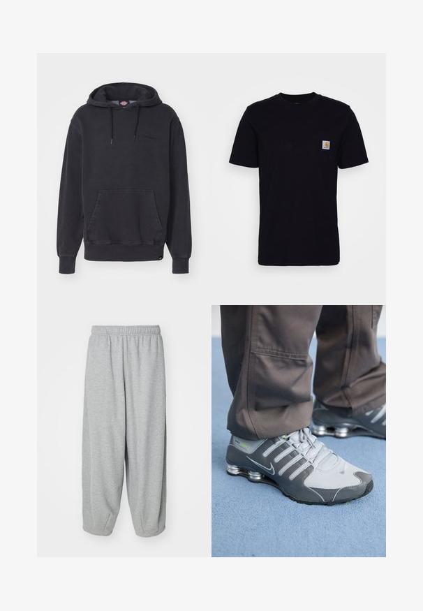 Sort hættetrøje lavet af bomuldsblandet stof, med en frontlomme i kangaroo-stil og ribbede manchetter og kant. Subtilt logo på brystet.; Sort bomulds T-shirt med korte ærmer, rund hals og en brystlomme, der har et lille, kvadratisk logo-patch. Enkel, ensfarvet design.; Lys grå, løstsiddende sweatpants lavet af blød stof. Elastisk talje og manchetter ved anklerne. Enkel og udekoreret design.; Grå og sølv Nike Shox sneakers har et slankt design med mesh og syntetiske materialer, en rund tå og en polstret krave.