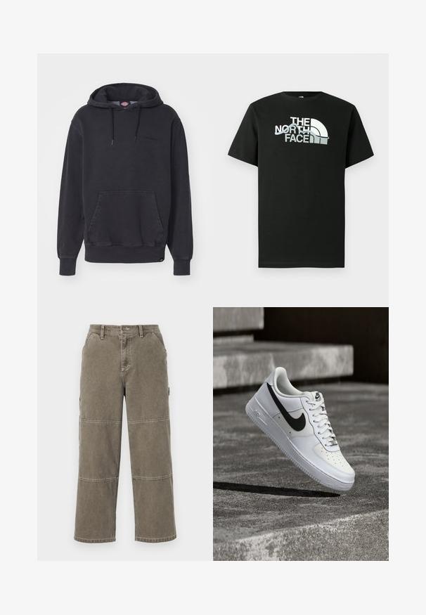 Sort hættetrøje lavet af bomuldsblandet stof, med en frontlomme i kangaroo-stil og ribbede manchetter og kant. Subtilt logo på brystet.; Sort T-shirt lavet af bomuld med et trykt logodesign i hvid og grå, korte ærmer og rund hals.; Bomulds cargobukser i dæmpet olivengrøn med brede ben, dobbelt-syede detaljer og sidelommer, med knaplukning og bæltestropper.; Hvid Nike Air Force 1-sneaker med sort swoosh, snørebånd bundet, placeret i luften over tekstureret betonoverflade udendørs.
