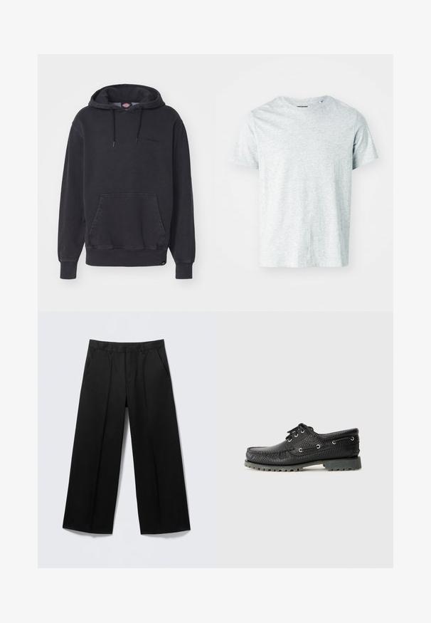 Sort hættetrøje lavet af bomuldsblandet stof, med en frontlomme i kangaroo-stil og ribbede manchetter og kant. Subtilt logo på brystet.; Lys grå, kortærmet t-shirt lavet af blødt stof, med en rund hals og en let afslappet pasform. Ingen synlige mønstre eller grafik.; Sorte vidde-bukser med bæltestropper, forlommer og lynlås foran, vist på en lysegrå baggrund.; Sort tekstureret snørebåndssko med rund tå, metaløjer og en robust grå gummisål. Har et vævet mønster på overdelen.