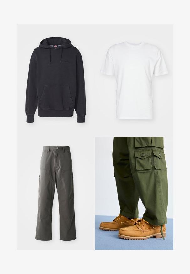 Sudadera con capucha negra hecha de una mezcla de algodón, que presenta un bolsillo frontal tipo canguro y puños y dobladillo acanalados. Logo sutil en el pecho.; Camiseta de algodón blanca con manga corta, escote redondo y una textura suave. Diseño simple sin patrones ni gráficos.; Pantalones cargo grises con un diseño de pierna recta, que cuentan con dos bolsillos frontales y bolsillos laterales adicionales para almacenamiento. Fabricados con un tejido duradero.; Timberland AUTHENTIC 3 EYE - Náuticos - wheat