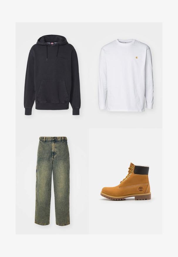 Sort hættetrøje lavet af bomuldsblandet stof, med en frontlomme i kangaroo-stil og ribbede manchetter og kant. Subtilt logo på brystet.; Hvid langærmet t-shirt lavet af bomuld. Har et lille gyldent logo på brystet og en rund halsudskæring. Enkel design og standard pasform.; Slidse denim jeans i en falmet blå og grøn vask. Har en knaplukning, bælteløkker og sidelommer. Flad front og lige ben-design.; Brune læder ankelstøvle med metaløjer, hvid pelsforing, sort polstret krave, robust sål og præget logo på siden.
