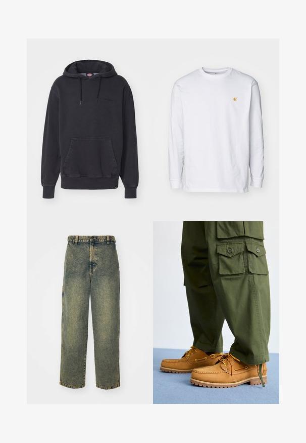 Sort hættetrøje lavet af bomuldsblandet stof, med en frontlomme i kangaroo-stil og ribbede manchetter og kant. Subtilt logo på brystet.; Hvid langærmet t-shirt lavet af bomuld. Har et lille gyldent logo på brystet og en rund halsudskæring. Enkel design og standard pasform.; Slidse denim jeans i en falmet blå og grøn vask. Har en knaplukning, bælteløkker og sidelommer. Flad front og lige ben-design.; Timberland AUTHENTIC 3 EYE - Sejlersko - wheat