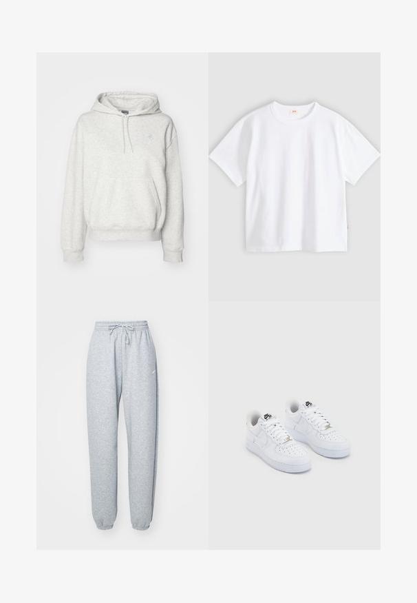 New Balance ESSENTIALS HOODIE - Kapuutsiga pusa - ash heather; Valge puuvillane t-särk lühikeste varrukatega, ümar kaelus, lõdvalt istuv, sileda tekstuuriga ja väikese logoga sildi vasakul küljeõmblusel.; Heledad hallhalli pehmete puuvillasegistusega, millel on elastne vöökoht ja nöör, kitsenevad sääred ja ribakudumisega mansetid. Minim blown kaubamärgi detail.; Valged Nike Air Force 1 sneakerid siledast nahast pealispinnaga, perforeeritud varbaosas, valged paelad ja must trükk keelel.