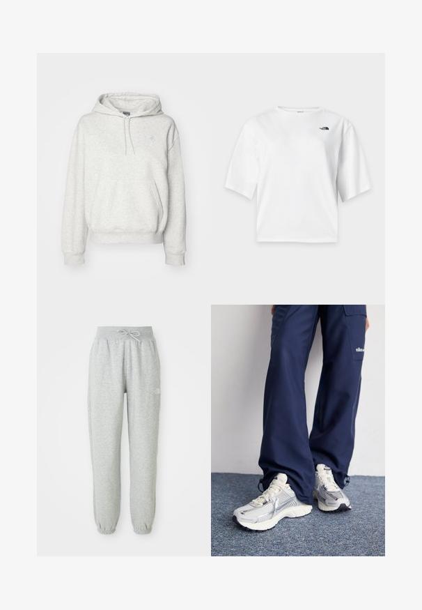 New Balance ESSENTIALS HOODIE - Kapuutsiga pusa - ash heather; Valge lühikeste varrukatega ümara kaelusega T-särk musta The North Face'i logoga vasakul rinnal.; Hallid hallid dressipüksid elastse vöökoha ja nööriga. Kangas on pehme, millel on elastsed mansetid pahkluude juures ja logo aktsent.; Nike spordijalatsid hõbedase võrkkanga ülaosaga, valgete aktsentidega ja tekstuuriga tallad, koos laia lõikega tumesiniste pükstega.