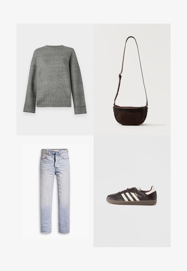 Pull en tricot gris à encolure ronde, épaules tombantes, et poignets et ourlet côtelés. Texture lisse avec une couleur unie et un minimum de détails.; Jean en denim bleu clair avec une coupe droite, dotés d'une fermeture à boutons, de cinq poches et d'un léger délavage sur les jambes.; Baskets en cuir marron foncé avec un design à trois bandes blanches, une semelle en caoutchouc et l'inscription "Samba" en lettres dorées sur le côté. Forme classique basse.; Sac bandoulière en daim marron foncé avec une sangle réglable et une poche zippée à l'avant, posé sur un fond clair uni.