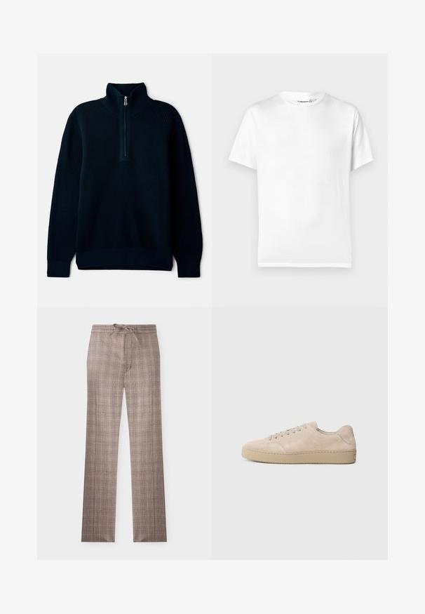 Navy blue high neck pullover with a half zipper, made of ribbed texture fabric and featuring long sleeves and a straight hem.; White cotton t-shirt with a classic crew neckline, short sleeves, and a straight hem. Smooth texture, no patterns or accents.; Brown plaid straight leg pants with a drawstring waist, flat front, and subtle check pattern against a white background.; Beige suede sneaker with a rounded toe, flat laces, and a textured rubber sole. Minimalist design with smooth edges and subtle stitching.