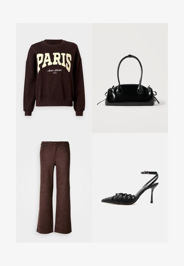 Sweat-shirt à col rond marron foncé avec de grandes lettres texturées "PARIS" et un texte plus petit "Avec Amour 1986" sous la poitrine.; Pantalons évasés marron en tissu doux semblable à du daim. Comprend quatre poches, une fermeture à bouton et une surface lisse et texturée.; Chaussure à talon haut noire à bout pointu, bords festonnés, œillets métalliques, lacets à l'avant et bride de cheville avec fermeture à boucle.; Petit sac à main noir brillant avec deux longues anses et des détails à cordon sur les côtés sur un fond clair uni.