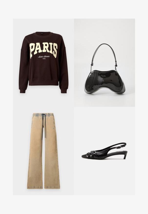 Sweat-shirt à col rond marron foncé avec de grandes lettres texturées "PARIS" et un texte plus petit "Avec Amour 1986" sous la poitrine.; Pantalons larges beige avec une taille élastique, un cordon de serrage bleu et des poches latérales. Dotés de coutures contrastantes et d'une texture légèrement délavée.; Chaussure slingback en cuir noir avec bout pointu, trois boucles argentées à l'avant et petit talon kitten sur fond blanc.; Sac à main en cuir verni noir avec une forme incurvée unique, une anse courte et ajustable, et une fermeture zippée. Texture lisse avec un branding discret.