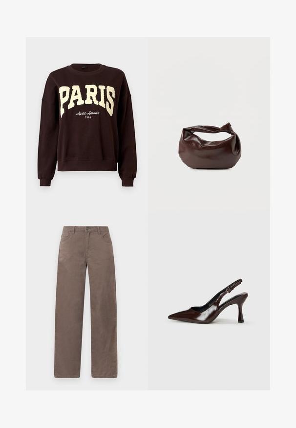 Sweat-shirt à col rond marron foncé avec de grandes lettres texturées "PARIS" et un texte plus petit "Avec Amour 1986" sous la poitrine.; Pantalons marron à jambes droites en coton, avec une fermeture à bouton à l'avant, des passants de ceinture et cinq poches, dotés d'une texture lisse.; Talons slingback en cuir verni brun avec un bout pointu, un talon fin, et une sangle réglable avec une petite boucle.; Sac bandoulière en cuir marron foncé avec une forme souple et décontractée et une anse nouée torsadée sur un fond blanc uni.