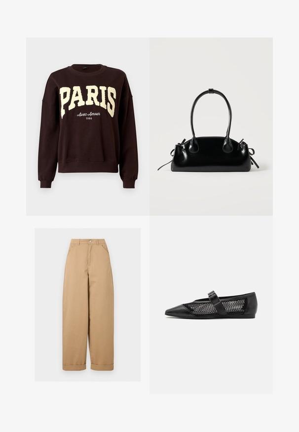 Sweat-shirt à col rond marron foncé avec de grandes lettres texturées "PARIS" et un texte plus petit "Avec Amour 1986" sous la poitrine.; Pantalon beige taille haute à jambes larges avec poches avant, passants de ceinture, fermeture par boutons et ourlets retroussés.; Chaussure plate noire avec un bout pointu, panneaux latéraux en maille et une sangle avec une boucle décorative. Fini lisse sur les sections du bout et du talon.; Petit sac à main noir brillant avec deux longues anses et des détails à cordon sur les côtés sur un fond clair uni.