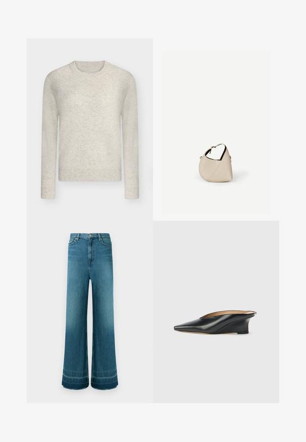 Pull beige clair à manches longues et col rond avec poignets, ourlet et encolure côtelés, présenté sur un fond gris neutre.; Jean denim bleu taille haute à jambes larges, cinq poches, fermeture à boutons et légère décoloration près des ourlets.; Chaussure compensée en cuir verni noir avec un bout pointu et un dos ouvert, présentant un design élégant et courbé ainsi qu'un style minimaliste.; Sac à main en cuir beige en forme de croissant avec une seule bandoulière et des coutures minimalistes, posé sur un fond blanc uni.