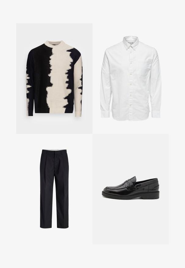 Pull en tricot avec un col haut, motif abstrait noir et blanc audacieux, tissu texturé et bords côtelés au niveau des poignets et de l'ourlet.; Chemise blanche à manches longues avec boutons, col et poche poitrine, étiquetée « Selected Homme » à l'intérieur du col.; Pantalon noir à jambes droites avec taille, passants de ceinture, fermeture éclair à l'avant et poches latérales, présenté sur fond blanc.; Mocassins en cuir noir avec une finition lisse, un bout rond, un petit talon et descoutures décoratives à l'avant. Semelle en caoutchouc pour l'adhérence.