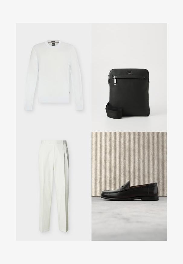 Pull blanc à manches longues col rond avec poignets et ourlet côtelés, design simple et étiquette de marque BOSS à l'intérieur du col.; Pantalon blanc ajusté taille haute avec passants de ceinture et plis sur le devant, présenté sur un fond uni.; Mocassin penny en cuir noir avec talon bas, bout arrondi et détails cousus à l'avant et sur les côtés, présenté sur un fond neutre.; Sac bandoulière en cuir noir avec un design plat, surface texturée, fermeture éclair, poche avant et une sangle en tissu ajustable.
