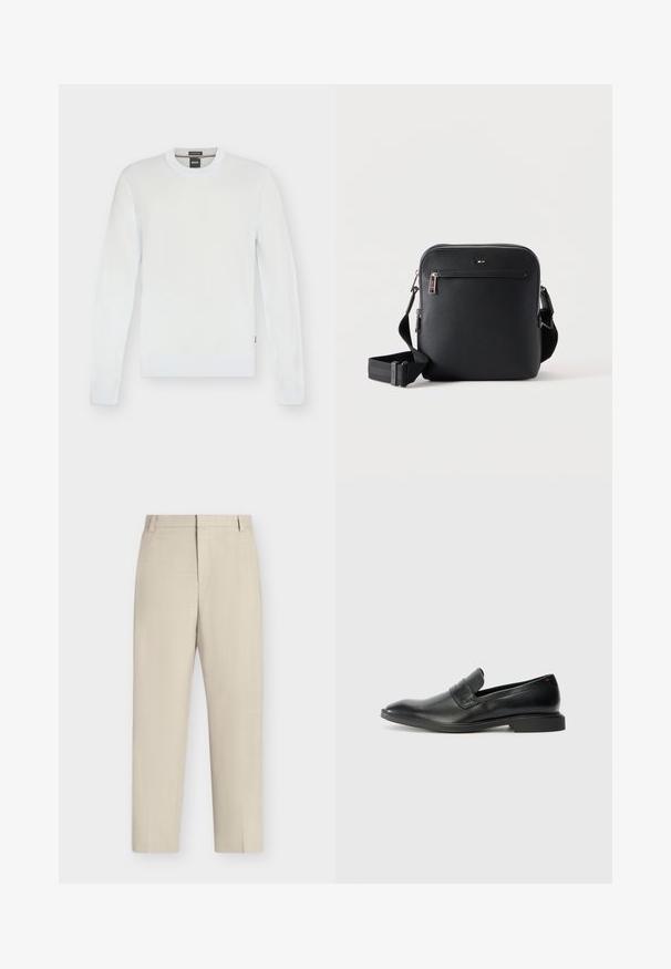 Pull blanc à manches longues col rond avec poignets et ourlet côtelés, design simple et étiquette de marque BOSS à l'intérieur du col.; Pantalon beige à jambe droite avec passants de ceinture, fermeture éclair à l’avant et coupe ajustée sur un fond blanc uni.; Mocassins en cuir noir avec une texture lisse, un nez pointu et un petit talon rectangulaire. Présente un détail de bande horizontale sur le dessus.; Sac bandoulière en cuir noir avec poche zippée à l'avant et bandoulière réglable sur fond blanc uni.