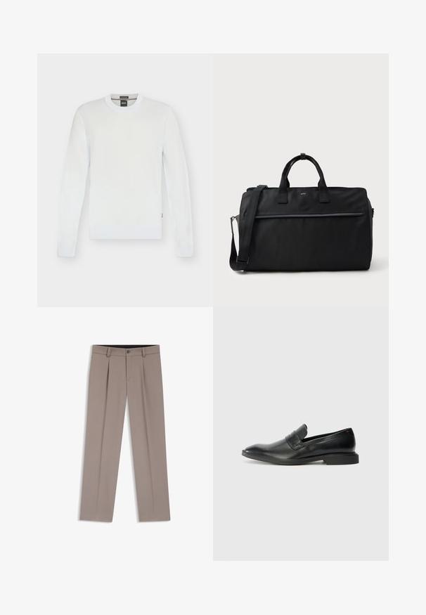Pull blanc à manches longues col rond avec poignets et ourlet côtelés, design simple et étiquette de marque BOSS à l'intérieur du col.; Pantalon homme sur mesure de couleur marron clair avec passants de ceinture, plis, bouton à l'avant et braguette zippée, posé à plat sur un fond blanc.; Mocassins en cuir noir avec une texture lisse, un nez pointu et un petit talon rectangulaire. Présente un détail de bande horizontale sur le dessus.; Sac de voyage rectangulaire noir avec doubles poignées, bandoulière réglable, poche zippée à l'avant et petit logo "BOSS" à l'avant.