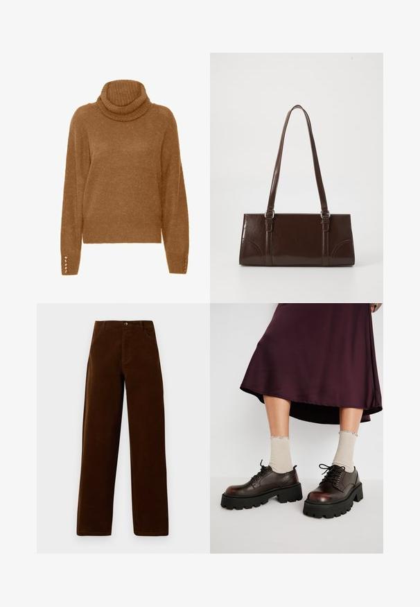 Brun turtleneck trøje med en blød, struktureret overflade og lange ærmer. Har perle-lignende detaljer på manchetterne.; Brune corduroy straight-leg bukser med forlommer, bæltestropper og knaplukning på en hvid baggrund.; Brune læder platform sko med tykke sorte såler, parret med ribbet beige strømper med bølgede kanter, mod en afdæmpet baggrund.; Brun lakeret håndtaske med rektangulær form, to lange håndtag og subtile buede detaljer på fronten.
