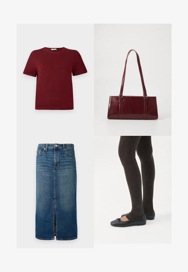Suéter burdeos de manga corta hecho de material de punto suave; escote redondo, puños y dobladillo acanalados; diseño simple sin patrones o acentos visibles.; Falda midi de mezclilla en azul oscuro con una abertura frontal, cinco bolsillos y costuras en contraste. Cuenta con un cierre de botón y cremallera en la cintura.; Piernas con leggings oscuros acanalados combinados con bailarinas negras que presentan pequeños detalles de lazo sobre un fondo blanco.; Bolso burdeos hecho de material brillante, de forma rectangular, con dos asas para el hombro y sutiles acentos curvados en la parte frontal.