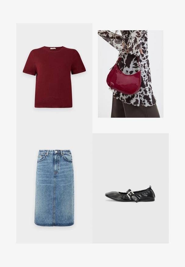 Pull à manches courtes couleur bordeaux en matière tricotée douce; encolure ronde, poignets et ourlet côtelés; design simple sans motifs ou accents visibles.; Jupe en denim bleu clair. Présente une silhouette droite, cinq poches et une fermeture à boutons avec passants de ceinture. Accents de texture usée.; Chaussure plate en cuir noir avec un nez pointu, des détails froncés autour de l'ouverture et un accent en boucle argentée sur la bride ajustable.; Femme portant un chemisier à motif noir et blanc tenant un sac à main rouge brillant sur un fond uni.