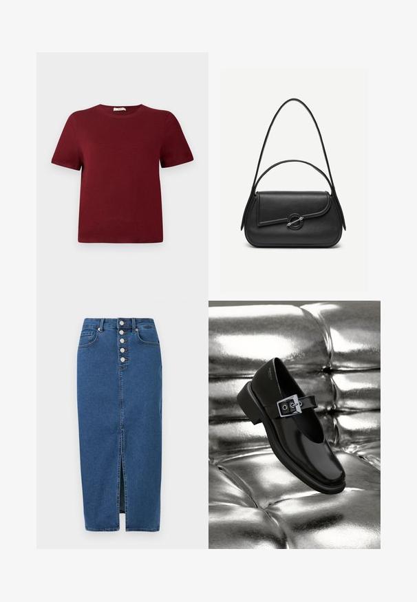 Pull à manches courtes couleur bordeaux en matière tricotée douce; encolure ronde, poignets et ourlet côtelés; design simple sans motifs ou accents visibles.; Jupe midi en denim bleu avec fente à l'avant, fermeture par boutons et design à cinq poches.; Chaussure Mary Jane en cuir noir avec un bout carré, un accent de boucle en argent et un talon bas épais, sur un fond argenté brillant.; Sac à main en cuir noir avec bords arrondis, rabat asymétrique, fermoir circulaire en métal, et des bandoulières courtes et longues.