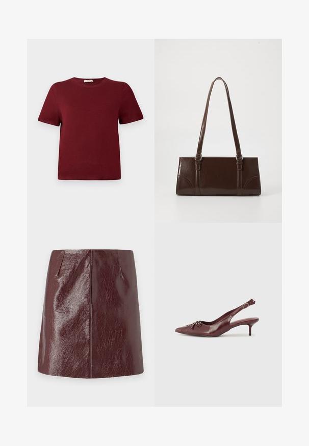 Suéter burdeos de manga corta hecho de material de punto suave; escote redondo, puños y dobladillo acanalados; diseño simple sin patrones o acentos visibles.; Vero Moda VMNELLY SKIRT - Minifalda - wine tasting; Tacón slingback de cuero burdeos con punta afilada, correa ajustable y detalle decorativo de lazo en la parte delantera. Altura del tacón de 3 pulgadas.; Bolso de mano de piel sintética marrón con forma rectangular, dos asas largas y sutiles acentos curvados en la parte delantera.