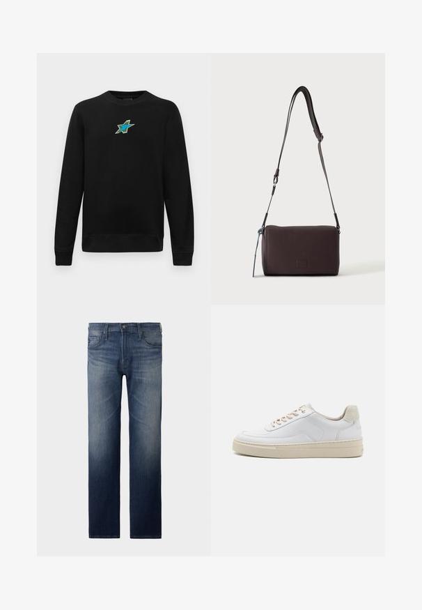 Sort langærmet crewneck sweatshirts med et lille broderet blågrønt stjernedesign centreret på brystet.; Straight-leg jeans i mørkeblåt vask. Har fem lommer, lynlås og knaplukning. Let slidte tekstur ved låret. Denim stof.; Hvide sneakers med en glat læderoverdel, beige snørebånd og en tekstureret beige ruskindsheel-tab. Hævet sål for ekstra højde.; Mørkebrun textured læder crossbody taske med justerbar rem og lille dekorativ blå accent på siden.