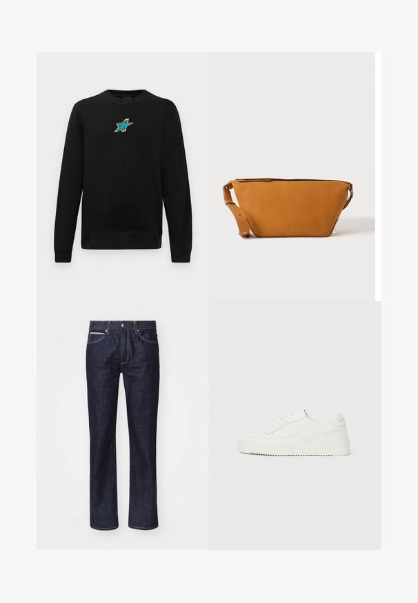 Sweatshirt noir à manches longues avec un col rond, arborant un petit motif étoile brodé bleu et vert centré sur la poitrine.; Jeans en denim bleu foncé avec une coupe droite, des coutures contrastantes discrètes, cinq poches et un bouton de fermeture à la taille.; Baskets basses en cuir blanc avec fermeture à lacets, languette de talon texturée et semelle en caoutchouc blanc légèrement rainurée sur un fond clair uni.; Sac bandoulière en cuir marron clair avec sangle réglable et fermeture éclair, présenté sur un fond clair uni.