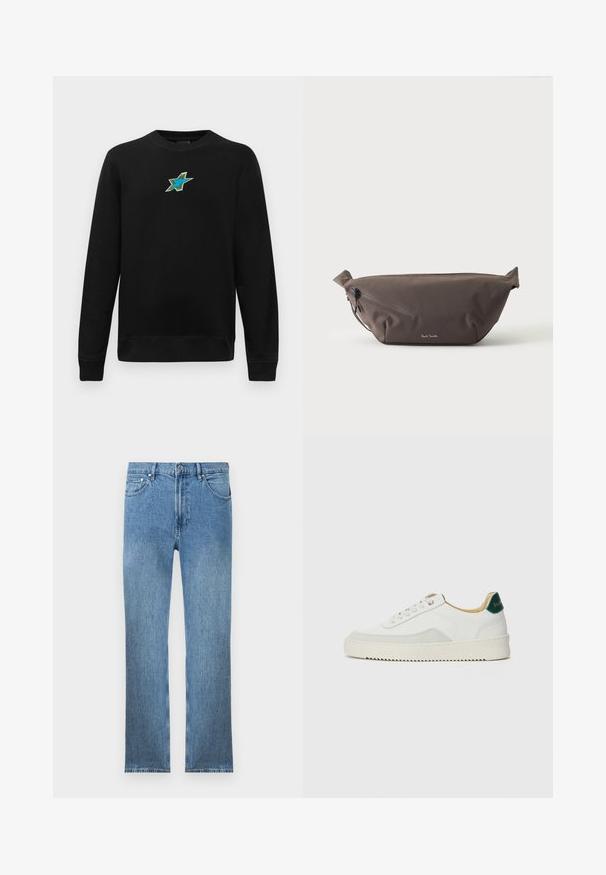Sweatshirt noir à manches longues avec un col rond, arborant un petit motif étoile brodé bleu et vert centré sur la poitrine.; Jean en denim bleu clair avec une coupe droite, cinq poches, une fermeture éclair et des coutures contrastantes. Le tissu a une finition lisse et texturée.; Baskets blanches avec des accents en daim, bout arrondi, lacets plats et semelle en caoutchouc crème. Présente une marque verte sur le talon.; Sac banane en tissu marron foncé avec poche zippée en diagonale et petit logo blanc sur le devant, sur un fond clair uni.