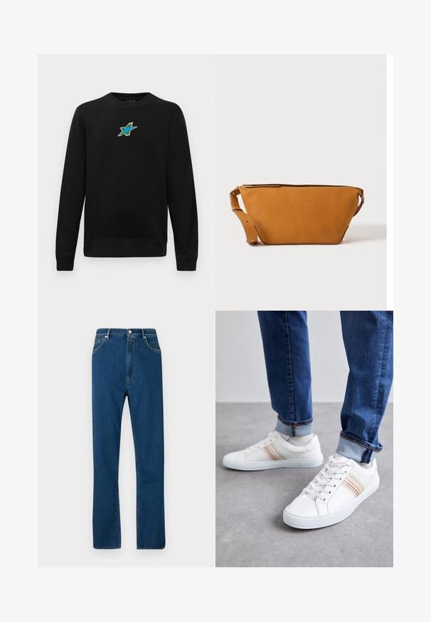Sort langærmet crewneck sweatshirts med et lille broderet blågrønt stjernedesign centreret på brystet.; Blå denimjeans med høj talje, lige ben, fem lomme-design og kontrasterende orange syninger. Glat tekstur.; Hvide lædersneakers med multicolore striber, snørebåndsdesign, gummisål og polstret krave, parret med blå denimjeans.; Lys brun læder crossbody taske med justerbar rem og lynlås, vist mod en ensartet lys baggrund.