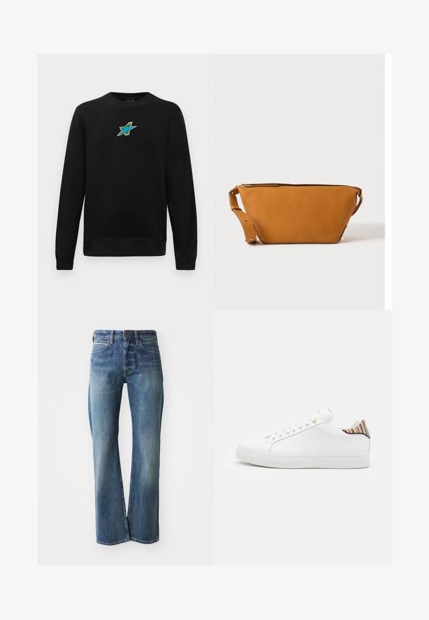 Sort langærmet crewneck sweatshirts med et lille broderet blågrønt stjernedesign centreret på brystet.; Denim jeans med en lys til mellemblå farve, lige ben skæring, klassisk fem-lommer design og subtil falmning foran.; Hvide lædersneakers med en glat overflade, prydet med en farverig stribet detalje på hælen, guldøje og flad hvid sål.; Lys brun læder crossbody taske med justerbar rem og lynlås, vist mod en ensartet lys baggrund.