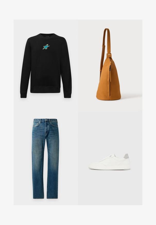 Sort langærmet crewneck sweatshirts med et lille broderet blågrønt stjernedesign centreret på brystet.; Blå denim jeans med lige ben, der har en fem-lomme stil, subtil falming og kontrastsyet detaljer.; Hvid lavtop-sneaker med gråt hælflig, hvide snørebånd og tekstureret sål, vist på en ensfarvet lys baggrund.; Tan læder crossbodytaske med justerbar rem og lodret lynlåslomme, vist fra siden mod en ensfarvet lys baggrund.