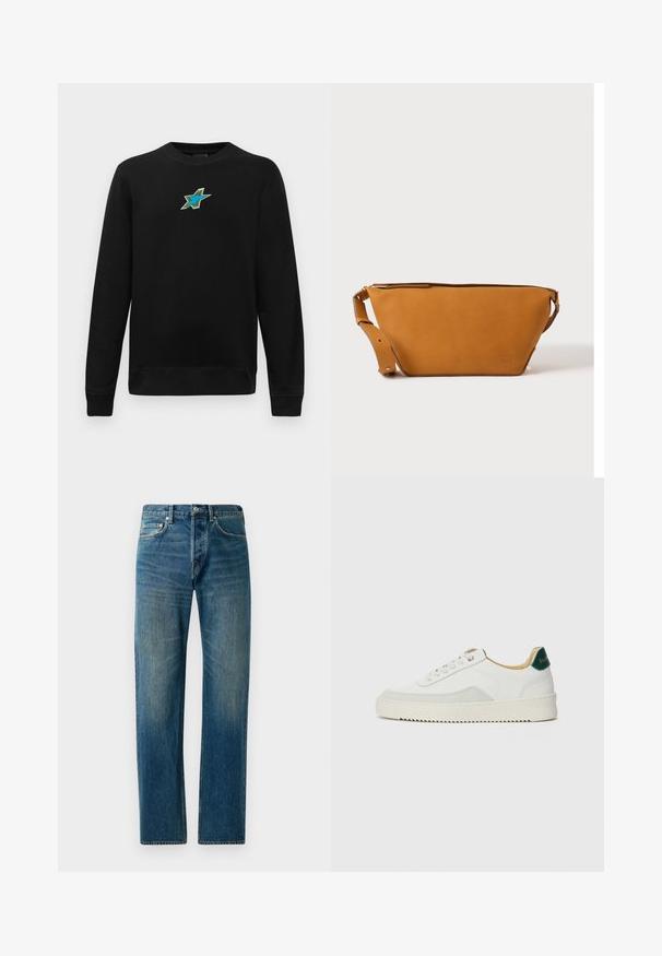 Sort langærmet crewneck sweatshirts med et lille broderet blågrønt stjernedesign centreret på brystet.; Blå denim jeans med lige ben, der har en fem-lomme stil, subtil falming og kontrastsyet detaljer.; Hvide sneakers med ruskindsdetaljer, rund tå, flade snørebånd og en cremet gummisål. Har grøn branding på hælen.; Lys brun læder crossbody taske med justerbar rem og lynlås, vist mod en ensartet lys baggrund.