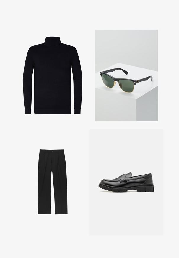 Sort turtleneck sweater, ribbede manchetter og krave, blødt strikstof, let design, lange ærmer, ingen synlig branding eller mønstre.; Sorte bukser med lige ben, lavet af et glat stof. Har frontfolder og en enkelt knaplukning i taljen.; Sort læder loafersko med en bred rem over forfoden, gummisål med tykke mønstre og glat overflade. Klassisk, slankt design.; Ray-Ban solbriller med grønne linser, sorte plastikstel og gyldne detaljer ved kanterne. Firkantet form med mat finish.