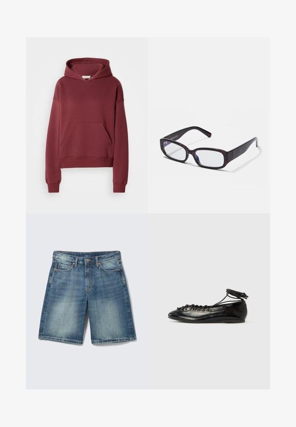 Βουργουνδί hoodie από μαλακό μείγμα βαμβακιού, με μπροστινή τσέπη μπουφάν, ραμμένες μανσέτες και κουκούλα με κορδόνι. Λείος υφασμάτινος ύφασμα, άνετη εφαρμογή.; Μπλε τζιν σορτς με ξεθωριασμένες λεπτομέρειες, μπροστινό κουμπί, φερμουάρ, θηλιές για ζώνη και σχεδιασμό με πέντε τσέπες.; Μαύρα μπαλαρίνια από δερμάτινο λουστρίνι με στρογγυλερή μύτη, σχέδιο με κορδόνια και επίπεδη σόλα. Ομαλή υφή με ελάχιστες λεπτομέρειες.; Καφέ καβουροειδή ορθογώνια γυαλιά με διάφανους φακούς και κομψά μπράτσα, επιδεικνύοντας μια λεία υφή και μινιμαλιστικό σχεδιασμό.