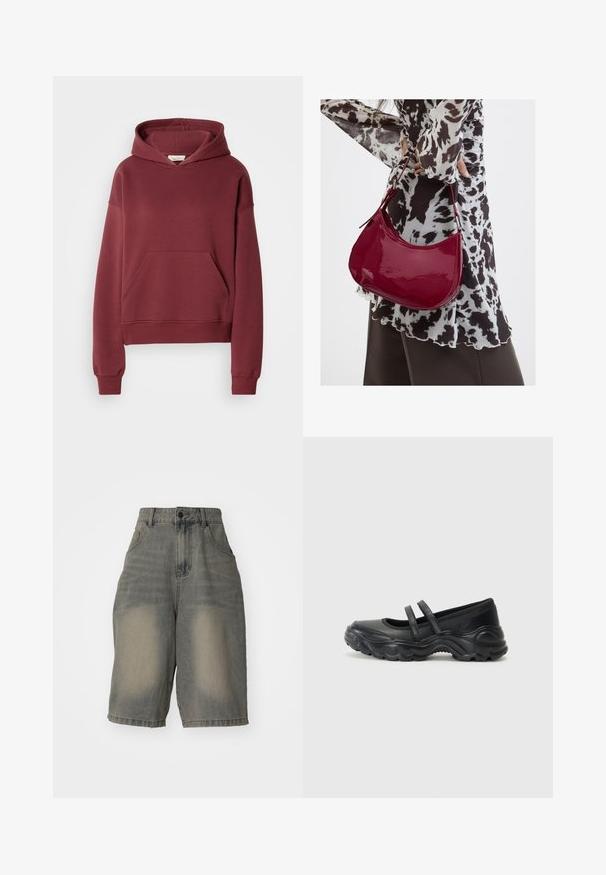 Sudadera color burdeos hecha de una suave mezcla de algodón, con un bolsillo frontal tipo canguro, puños acanalados y capucha con cordón. Textura suave, corte relajado.; Jaded London LIGHT WASH JUMBO JORTS - Shorts vaqueros - light wash; Bailarinas de charol negro con dos correas ajustables, puntera redonda y suela de goma texturizada para mayor agarre.; Mujer con blusa de estampado en blanco y negro sosteniendo un bolso de hombro rojo brillante sobre un fondo liso.