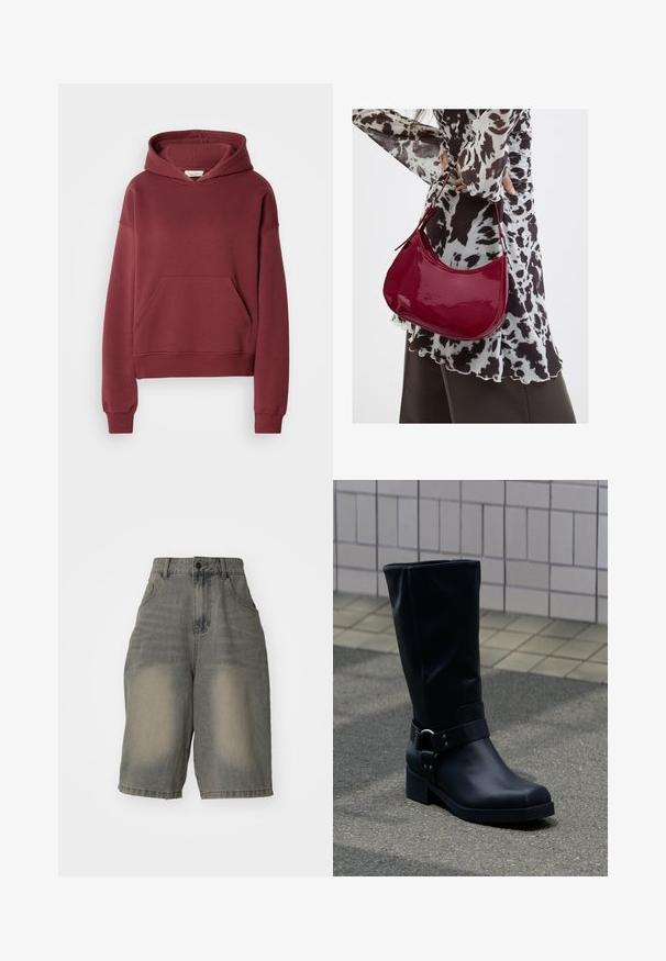 Bordeaux hættejakke lavet af blød bomuldsblanding, med en frontlomme, ribbede manchetter og en hætte med snøre. Glat tekstur, afslappet pasform.; Jaded London LIGHT WASH JUMBO JORTS - Denimshorts - light wash; Sort læderstøvle midt på læggen med lav blokhæle og en dekorativ rem med metal spænde rundt om anklen, på en flisebelagt fortov.; Kvinde iført en sort- og hvidmønstret bluse, der holder en blank rød skuldertaske mod en ensfarvet baggrund.