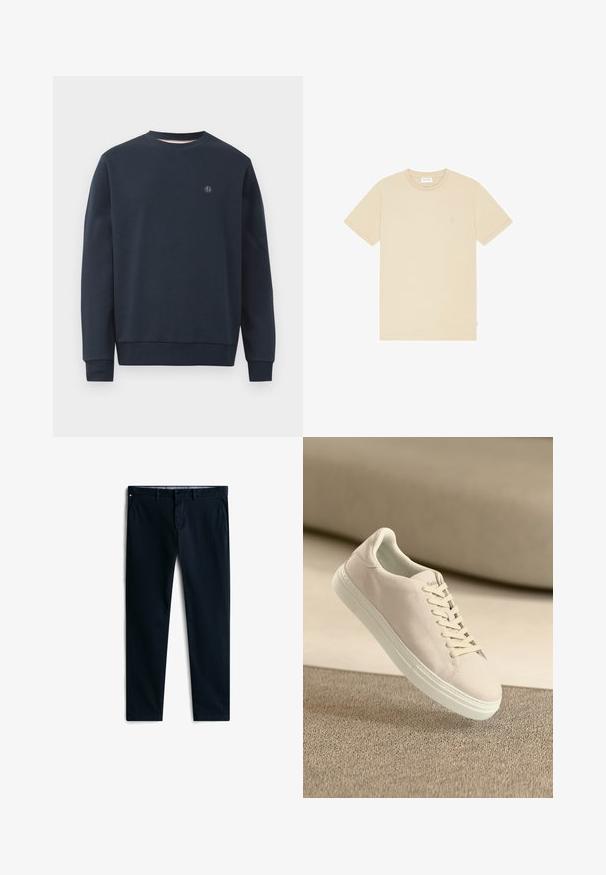 Navy blue collegepaita, joka on valmistettu pehmeästä materiaalista. Siinä on pyöreä kaula-aukko, pitkät hihat ja pieni logo rinnassa. Yksinkertainen malli, ei kuvioita.; Beigen värinen lyhythihainen pyöreäkauluksinen t-paita, jossa pieni logo vasemmassa rinnassa, yksinkertainen malli, tasaisena valkoisella taustalla.; Tähtit Navy siniset housut, valmistettu puuvillasta, jolla on sileä rakenne. Ominaisuuksina sivutaskut, napitus ja hienovarainen brändilogo vyötäröllä.; Beige suede tennarit valkoisella pohjalla ja nauhoilla, esitetty leijumassa tekstuuritetun beige maton päällä pehmeää beigeä taustaa vasten.
