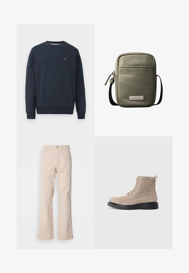 Sweatshirt bleu marine en matériau doux, avec un col rond, des manches longues et un petit logo sur la poitrine. Design simple, sans motifs.; Pantalon en coton beige avec une coupe droite, doté d'une fermeture à bouton, de poches avant et de détails de couture minimaux.; Bottines en daim beige avec semelle en caoutchouc noir, design à lacets, et un petit logo embossé sur le côté, avec une languette à l'arrière.; Sac bandoulière compact vert olive avec poche avant, sangle noire réglable, fermeture zippée et plaque logo Calvin Klein.