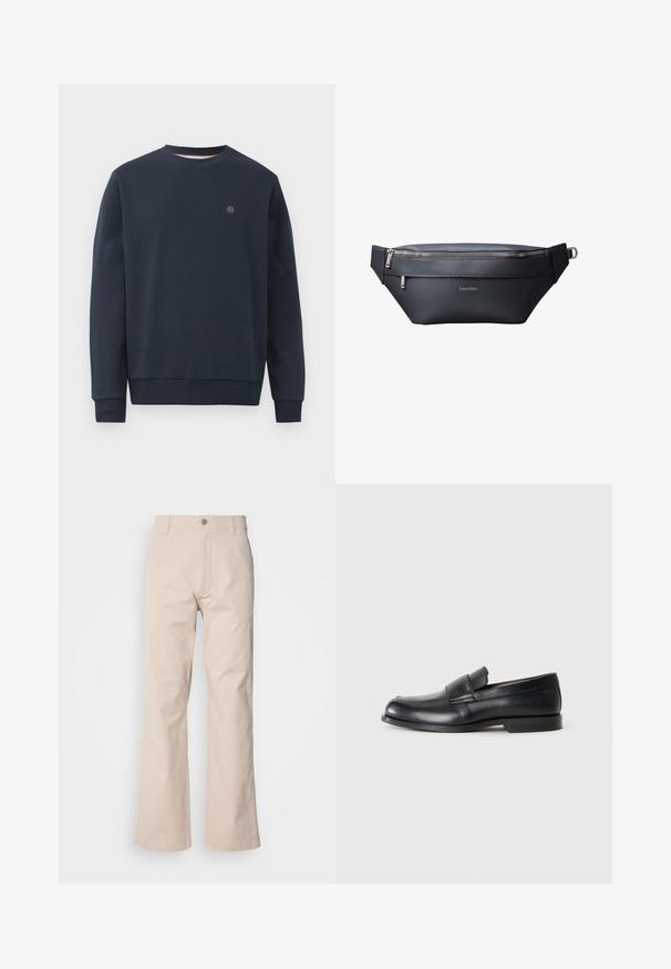 Marineblauwe sweatshirt van zacht materiaal, met een ronde hals, lange mouwen en een klein logo op de borst. Eenvoudig ontwerp, zonder patronen.; Beige katoenen broeken met een recht gesneden ontwerp, voorzien van een knoopsluiting, voorzakken en minimale stikdetails.; Zwarte leren instappers met een ronde neus, gestikte details en een vlakke rubberen zool. Heeft een brede band over de wreef.; Zwarte leren Calvin Klein heuptas met twee compartimenten met rits en een verstelbare band met metalen gesp.