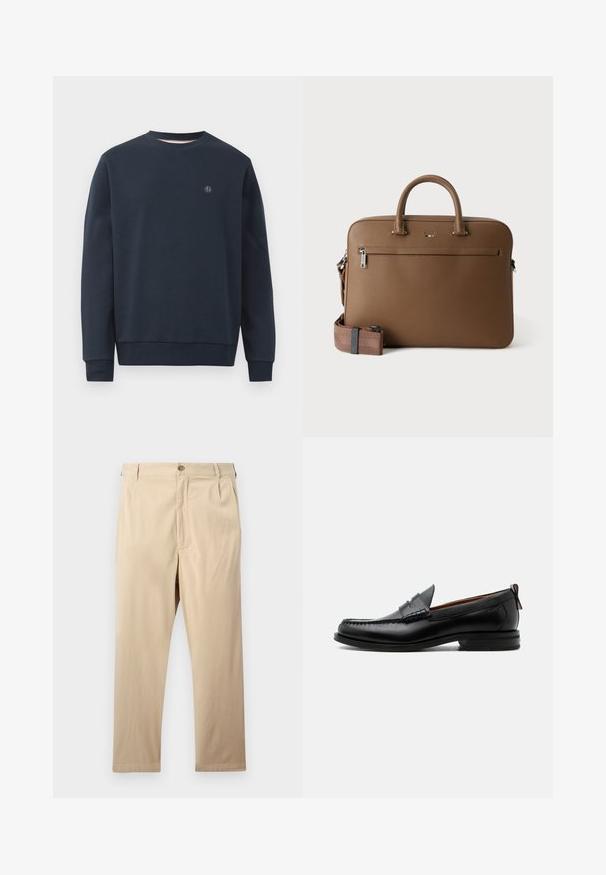 Sweatshirt bleu marine en matériau doux, avec un col rond, des manches longues et un petit logo sur la poitrine. Design simple, sans motifs.; Pantalon beige à jambes droites avec fermeture par bouton et zip, passants pour ceinture et poches latérales, posé à plat sur un fond clair.; Mocassin homme en cuir noir avec couture moc toe, bride penny, col texturé et petit talon empilé sur fond blanc.; Mallette en cuir marron avec poignées supérieures, poche avant zippée et bandoulière assortie amovible sur fond blanc.