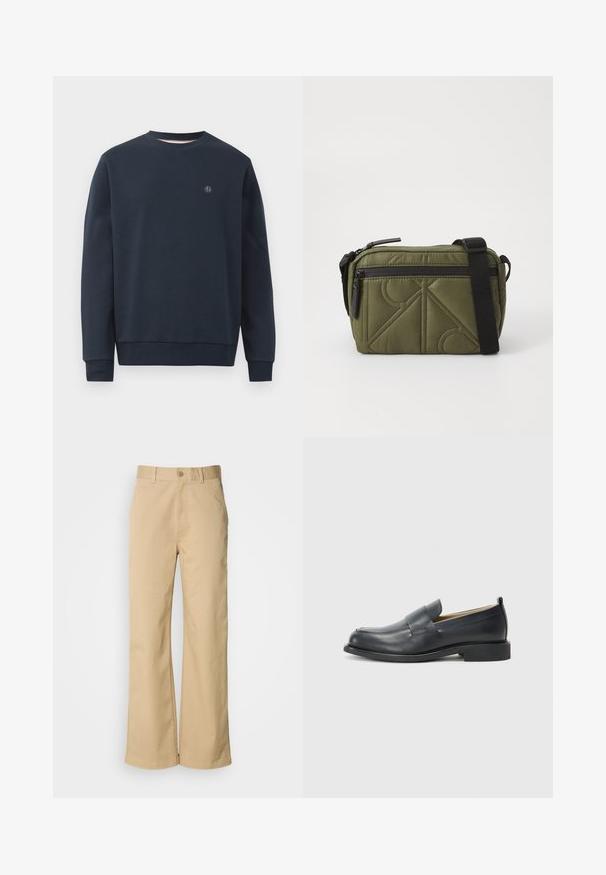 Sweatshirt bleu marine en matériau doux, avec un col rond, des manches longues et un petit logo sur la poitrine. Design simple, sans motifs.; Pantalon large beige en mélange coton. Fermeture par bouton et passants de ceinture. Texture lisse, avec des détails de couture minimaux.; Mocassins en cuir noir avec une finition lisse, une semelle plate et un bout arrondi, ornés d'une sangle décorative sur le dessus.; Sac en tissu matelassé vert olive avec une sangle noire, doté d'une fermeture zippée sur le dessus et d'une poche zippée extérieure ornée d'accents de motifs géométriques.