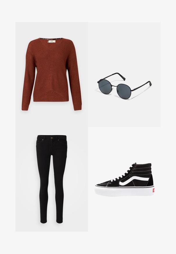 Pull en maille couleur rouille avec un col en V, des manches longues et un motif texturé. Présente un design à côtes subtil et une coupe ample.; ONLY ONLCORAL LIFE POWER - Jeans Skinny - black denim; Baskets montantes noires avec des lacets blancs, un logo blanc et des coutures blanches contrastées. Dotées d'une épaisse semelle blanche et d'un dessus en daim texturé.; Lunettes de soleil en métal noir avec des verres ronds, teintés foncés, branches fines et plaquettes de nez réglables, arborant un design minimaliste sans logo visible.