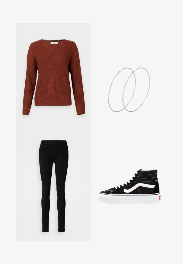 Pull en maille couleur rouille avec un col en V, des manches longues et un motif texturé. Présente un design à côtes subtil et une coupe ample.; Pantalons slim fit noirs avec fermeture à bouton, passants de ceinture et poches avant, présentés sur un fond clair et uni.; Baskets montantes noires avec des lacets blancs, un logo blanc et des coutures blanches contrastées. Dotées d'une épaisse semelle blanche et d'un dessus en daim texturé.; Boucles d'oreilles en argent au design minimaliste. Forme circulaire, texture lisse et profil fin. Légères avec une finition polie.