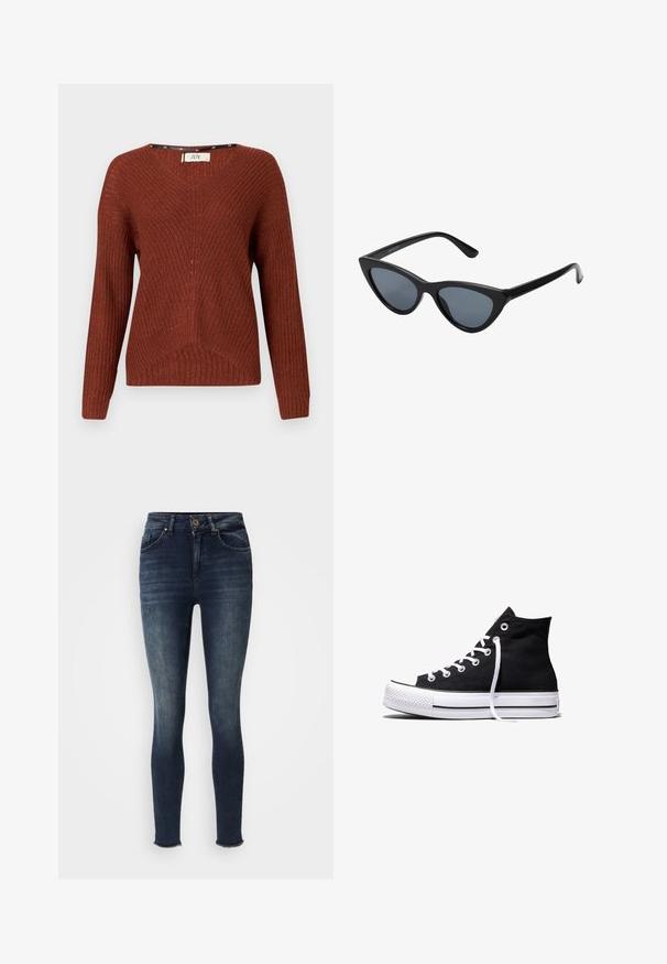 Pull en maille couleur rouille avec un col en V, des manches longues et un motif texturé. Présente un design à côtes subtil et une coupe ample.; Jeans skinny bleu foncé avec fermeture à bouton et à glissière à l'avant, design cinq poches, léger délavage sur les cuisses et les genoux, ourlets effilochés aux chevilles.; Baskets montantes en toile noire avec semelle en caoutchouc blanche et lacets blancs, vues de côté sur un fond blanc.; Lunettes de soleil noires en forme d'œil de chat avec des verres gris foncé, monture en plastique élégante, coins pointus et branches droites. Pas de métal visible ni d'accents.
