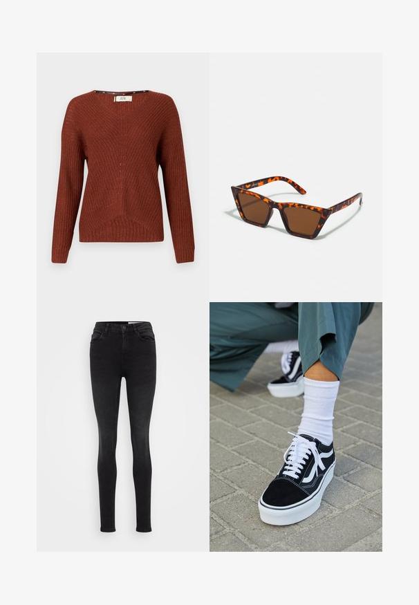 Pulóver v rustikálnej farbe s výstrihom do V, dlhými rukávmi a textúrovaným vzorom. Obsahuje jemný ryhovaný dizajn a voľný strih.; Čierne skinny džíny vyrobené z denimu, s klasickým dizajnom piatich vreciek, prešitými švami a vysokým pásom. Hladká textúra a zúžený strih.; Čierne semišové tenisky s bielymi akcentmi a šnúrkami, s hrubou bielou podrážkou a kontrastným prešívaním, doplnené o bielu ponožku.; Hnedé slnečné okuliare s motívom korytnačiny, ostré rámy a štíhle nožičky. Ľahký plastový materiál.