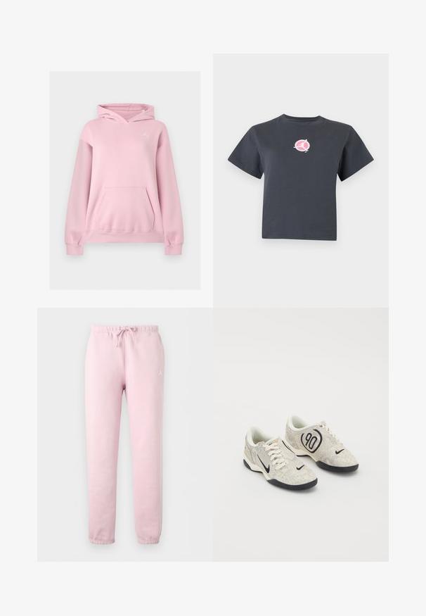 Sweat à capuche rose clair avec poche kangourou devant et petit logo blanc Jumpman sur la poitrine gauche.; T-shirt court gris foncé à manches courtes avec un petit logo rond rose et blanc représentant une silhouette d'une personne en mouvement sur la poitrine.; Pantalon de survêtement rose clair avec poignets et taille élastiques, doté d'un cordon de serrage à l'avant et d'un petit logo blanc sur la partie supérieure de la cuisse gauche.; Baskets Nike avec une tige texturée beige et grise, des accents noirs, un grand logo "90" et un laçage blanc. Semelle noire.