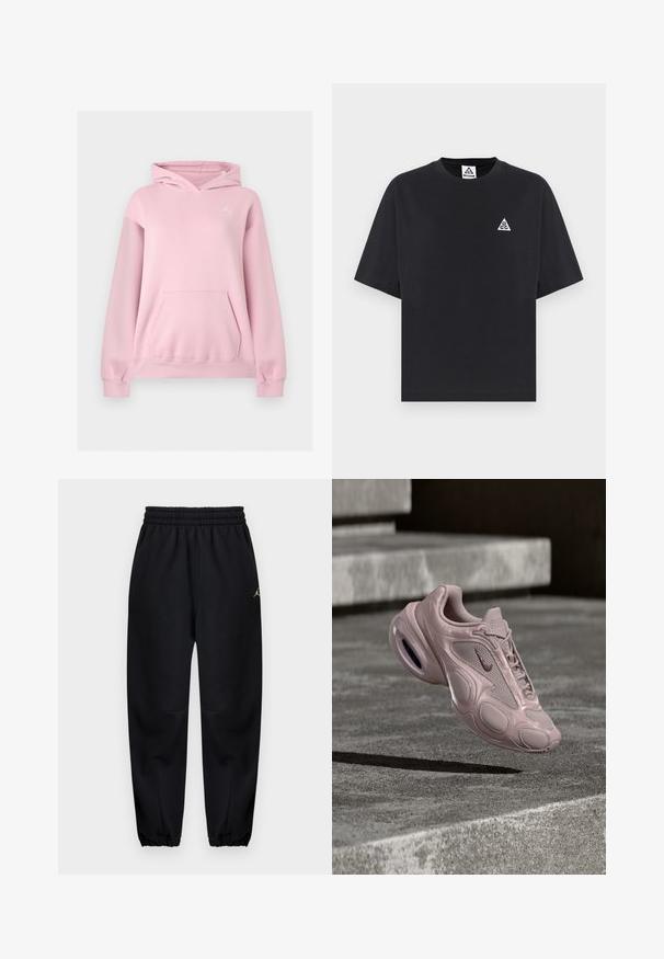 Sweat à capuche rose clair avec poche kangourou devant et petit logo blanc Jumpman sur la poitrine gauche.; T-shirt noir à manches courtes avec un petit logo triangle blanc comportant les lettres "aCG" sur le côté gauche de la poitrine et une étiquette assortie à l'intérieur du col.; Pantalon de jogging noir fuselé avec ceinture et poignets élastiques, petit logo sur la partie supérieure de la cuisse, poches avant, texture de tissu lisse.; Baskets Nike en rose clair, dotées d'une tige en maille, d'une semelle arrondie et d'un amorti visible. Texture lisse avec des accents en relief.