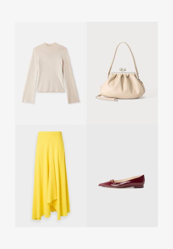 Lys beige langærmet polo sweater med en blød tekstur, tætsiddende silhuet og ribbet halsudskæring. Enkel design uden mønstre eller accenter.; Gul maxinederdel i et flydende stof med en tætsiddende linning og asymmetrisk kant med blød, glat tekstur.; Bordeaux patenteret læderballerinaer med spids tå, der har en lille udskæring og en lav hæl. Glat tekstur og elegant design.; Beige blød læderhåndtaske med en sølv metalramme-lukning, enkelt skulderstrop og en valgfri kæderem på en hvid baggrund.