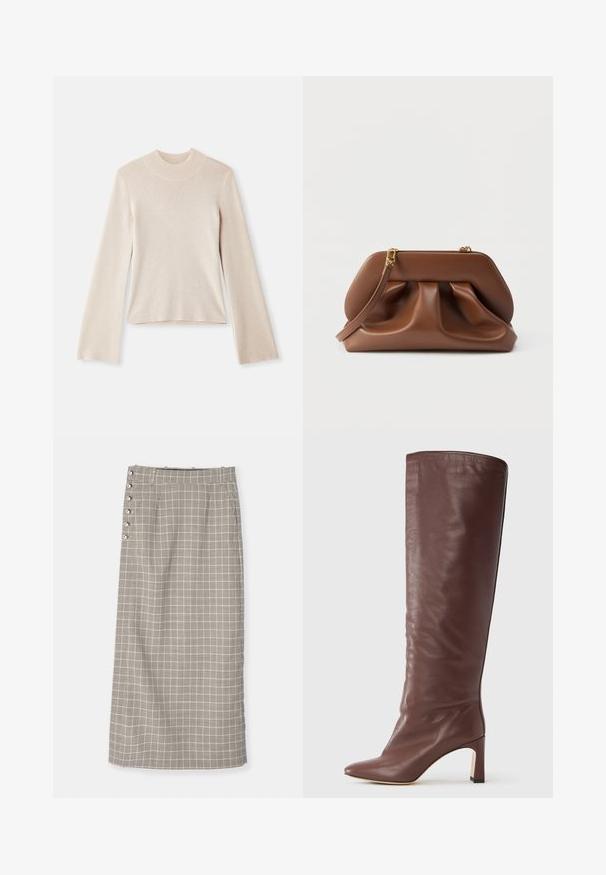 Lys beige langærmet polo sweater med en blød tekstur, tætsiddende silhuet og ribbet halsudskæring. Enkel design uden mønstre eller accenter.; Lang, rutemønstret nederdel i sort og hvid. Har en lige pasform, høj talje og dekorerende sidelukninger. Fremstillet af vævet stof.; Knæhøj brun læderstøvle med spids tå, tilspidset design og en slank blokhæl. Glat tekstur med minimal detaljering.; Brun clutchtaske i læder med rynket design, guldfarvet hardware og aftagelig håndledsrem på hvid baggrund.