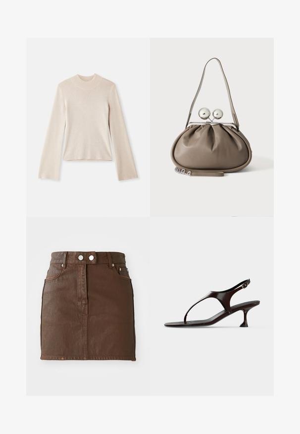 Lys beige langærmet polo sweater med en blød tekstur, tætsiddende silhuet og ribbet halsudskæring. Enkel design uden mønstre eller accenter.; Brun denim mini-skjorte med høj talje, to frontlommer, sølvknapdetaljer og en glat tekstur.; Mørkebrun laklædersandal med rem bagpå, lille hæl og tårem på hvid baggrund.; Grå læderhåndtaske med rundet form, toplås med to store sølvkugler og en enkelt strop.